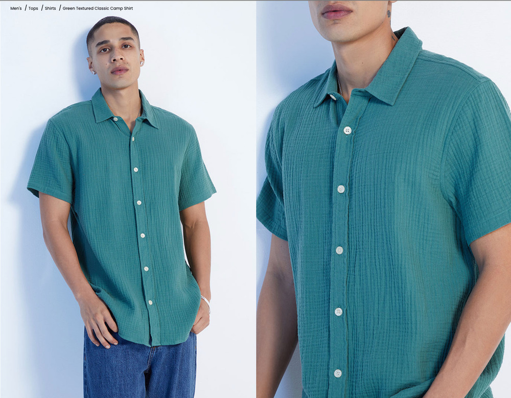 PacSun Mens L Green Textured Cotton Camp Shirt Short Sleeve Button Up